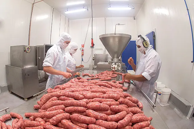 Produção de linguiça na fábrica da Fricéu